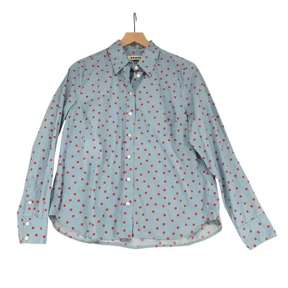 Boden Sienna Shirt 10 US Blue Red Polka Dot Button Up Cotton Classic Long Sleeve - Picture 2 of 13